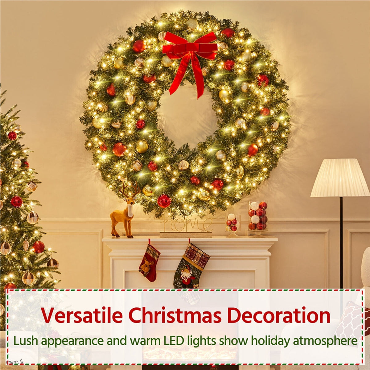 Alden Design 48in Pre-lit Fir Christmas Wreath for Door with 200 LED Lights & 720 Tips, Green