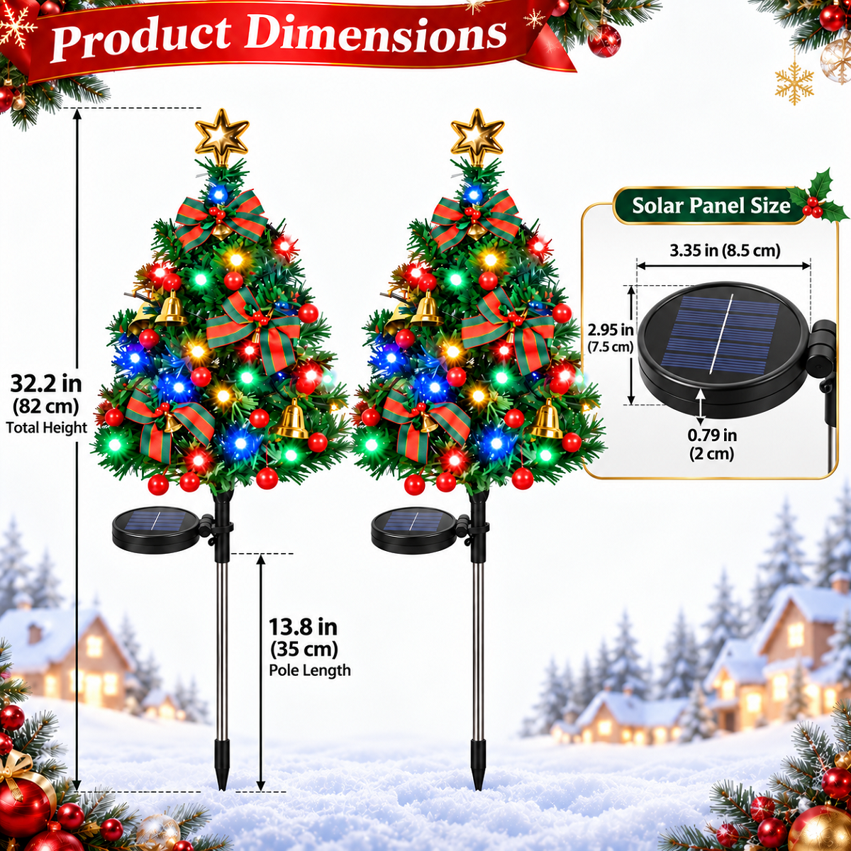 2 Pack Solar Powered Christmas Tree Lights, Outdoor Holiday Decor with 40 Bright LEDs, Waterproof Xmas Garden Decorations for Pathway, Yard, Grave and Lawn
