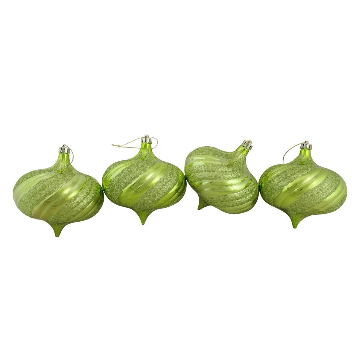 4ct Shiny Green Kiwi Glitter Swirl Shatterproof Onion Christmas Ornaments 5.75"