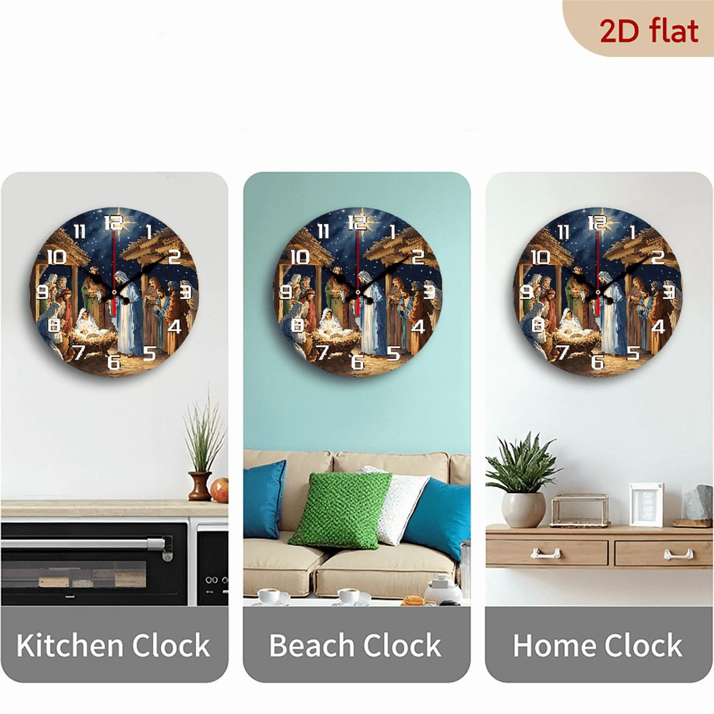 2D Flat 1pc 10Inch Wooden Wall Clock with Religious Nativity Scene Design Silent, Battery Operated (AA Not Included) Ideal for Home, Church, Office Decor Handcrafted Artistic Birthday Gift