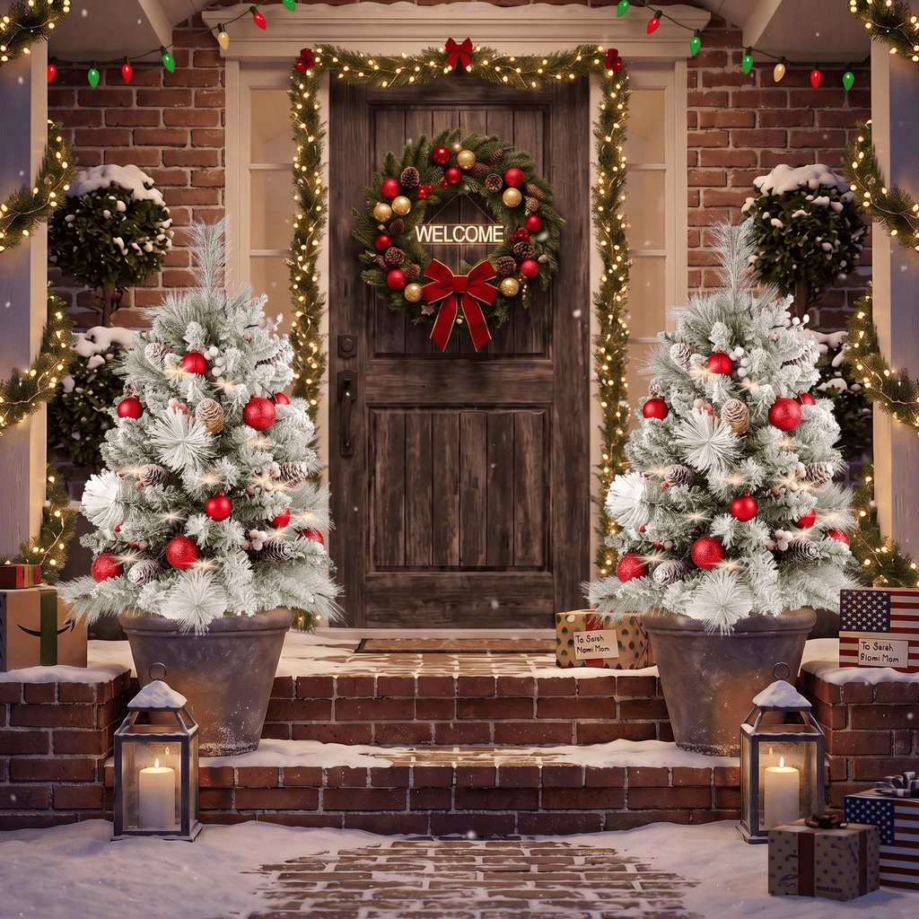 2 Pack 30 inch Prelit Outdoor Pathway Christmas Tree, Artificial Small Xmas Tree with Dual Color Berries & Balls, 30 Battery Operated Warm Lights for Holiday New Year Winter Patio Driveway Yard Lawn
