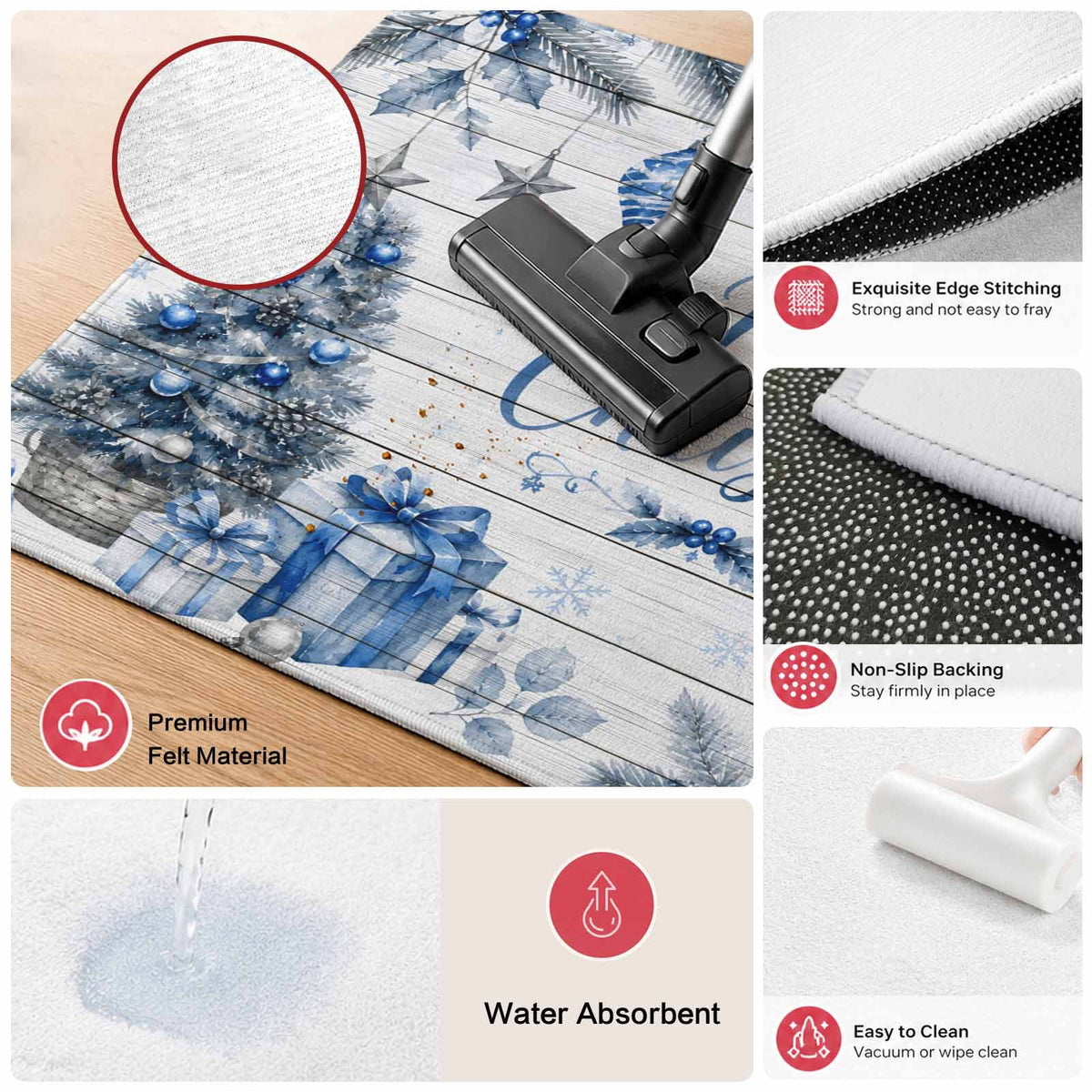 Large Area Rugs for Living Room Bedroom, Blue Merry Christmas 8'x10' Rug Washable Carpet Runner Indoor Outdoor, Xmas Tree Snowman Eucalyptus Wood Non Slip Floor Mats Rug for Kitchen, Patio