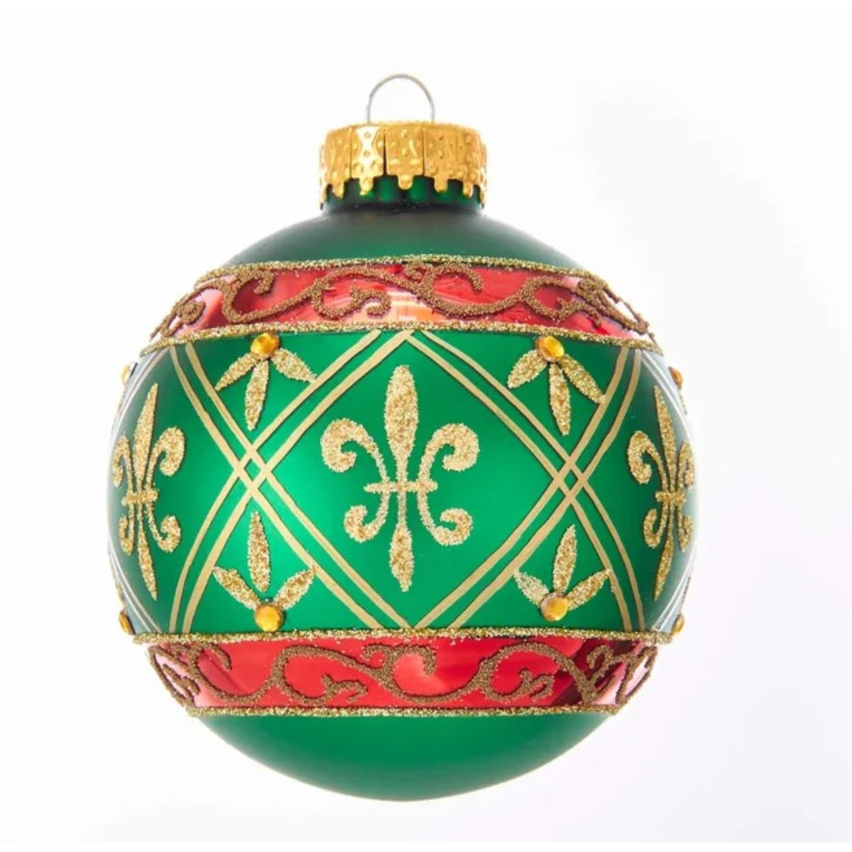 Kurt Adler 80MM Green Glass Ball Ornament With Fleur-De-Lis, 6-Piece Box - 3.15"