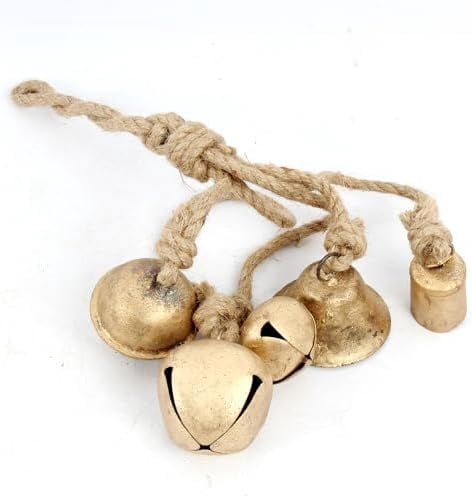 Set of 5 Vintage Handmade Rustic Lucky Christmas Hanging Bells On Jute Rope Decorative Metal Harmony Cow Bells