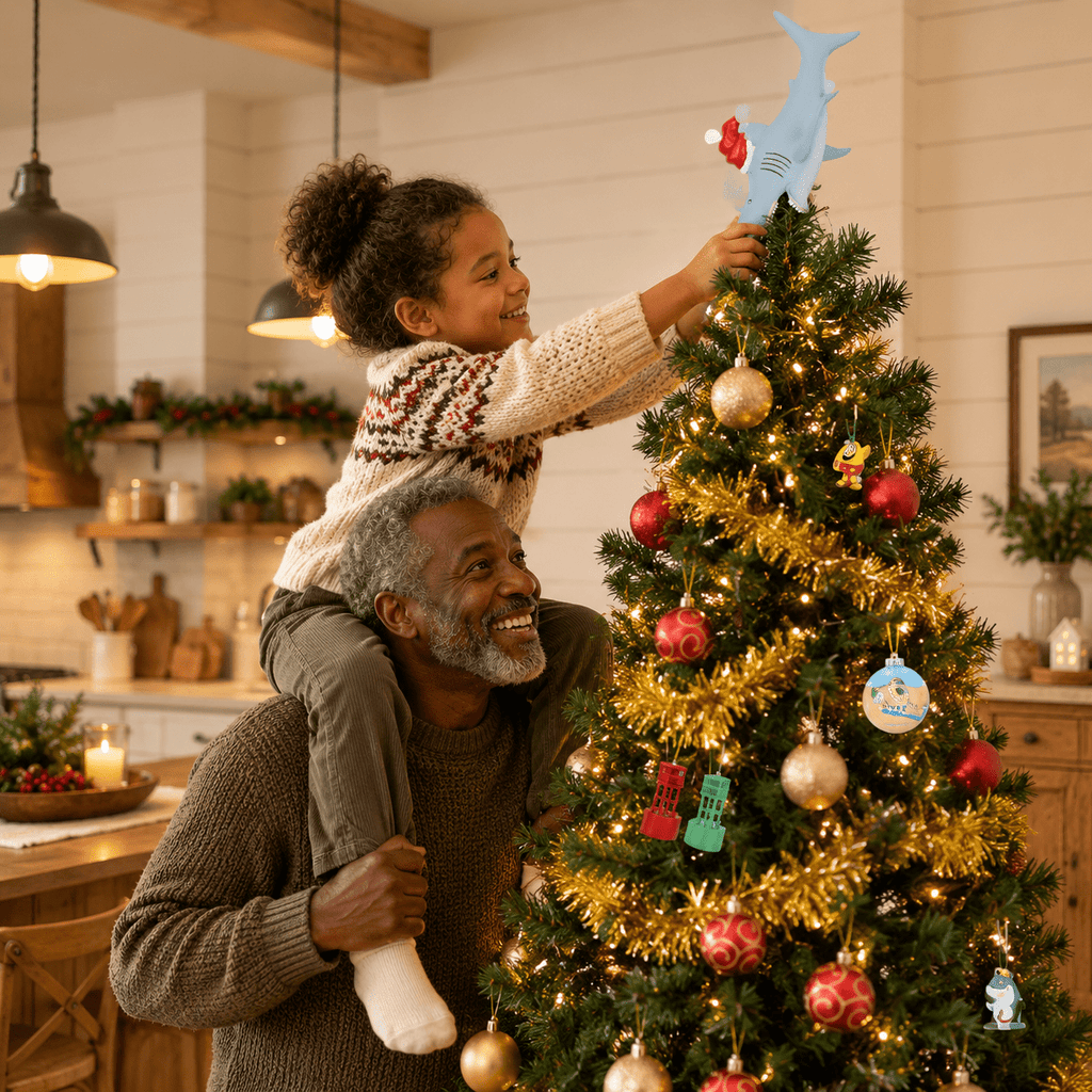 Great White Shark Santa Hat Christmas Tree Topper, 10 Inch Large Holiday Decor