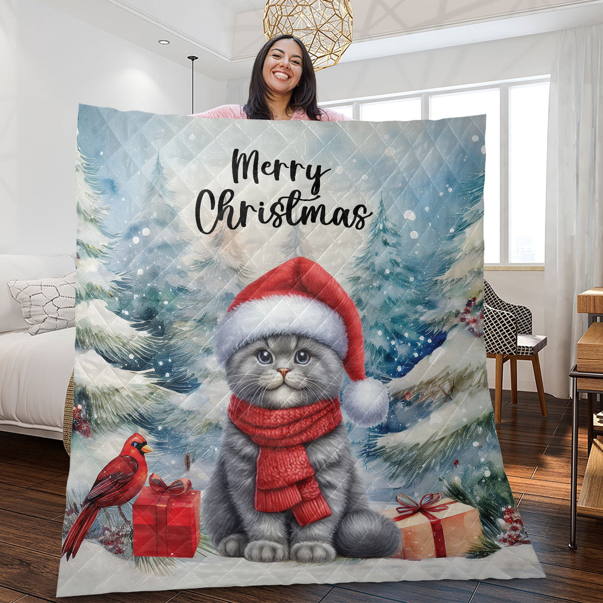 Merry Christmas Sphynx Enjoys Catmas Winter Xmas Holiday Quilt Bedding Set Cat Lover Kitten Owner Gifts Idea 1 Blanket Bed Cover 2 Pillowcases - 02022