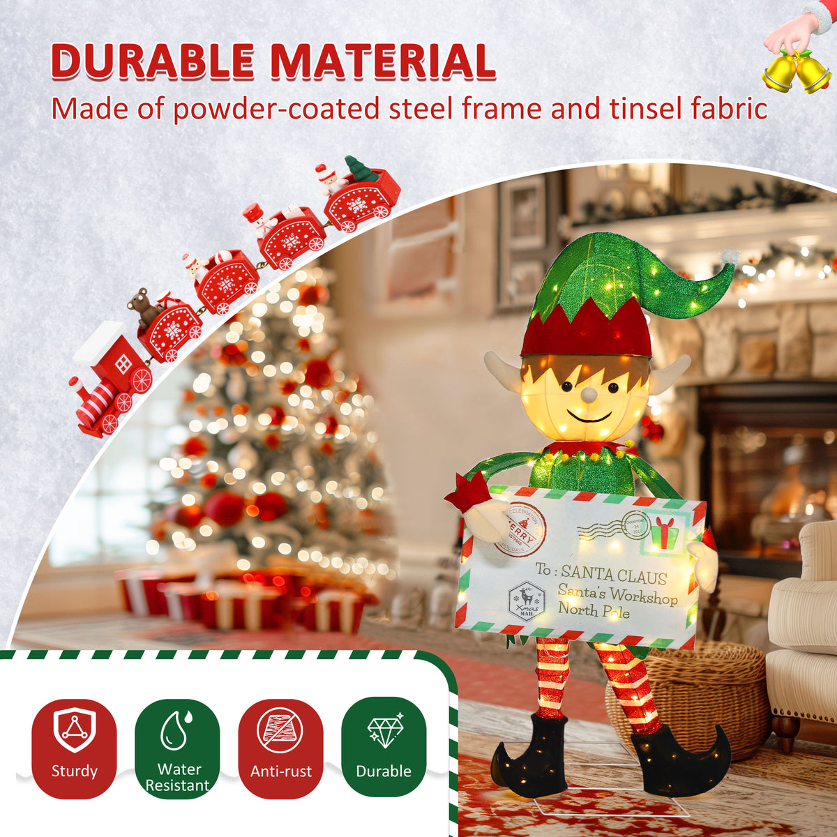 VEIKOUS 4.8ft Christmas Elf Decoration W/ 100 Warm White LED Lights, Envelope & Ground Stakes, Waterproof Pre-Lit Yard Decor for Holiday