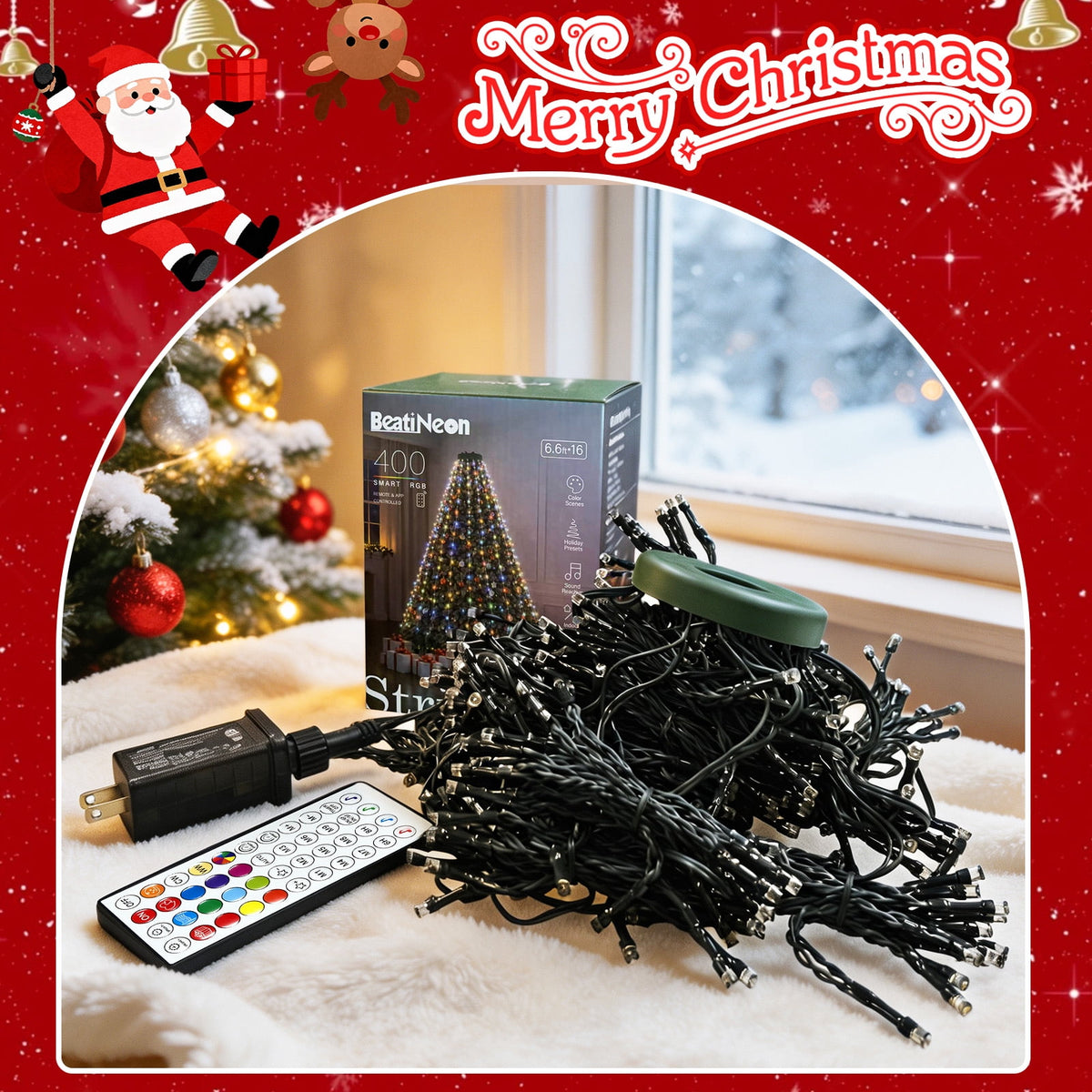 Christmas Tree Lights with Ring, 400 LED Cool White Tree Ring Light, 16 Strands 6.6FT Cascade with Remote & Timer for Indoor Xmas Tree Decor