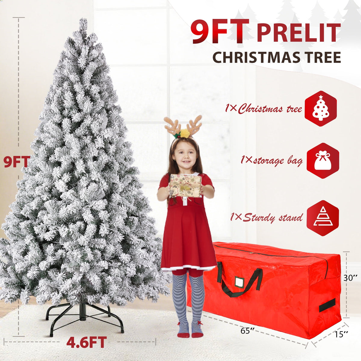 Yexmas 7.5ft Pre-Lit Snowflake Flocked Christmas Tree,8 Modes LED Lights,Artificial Xmas Tree with Storage Bag