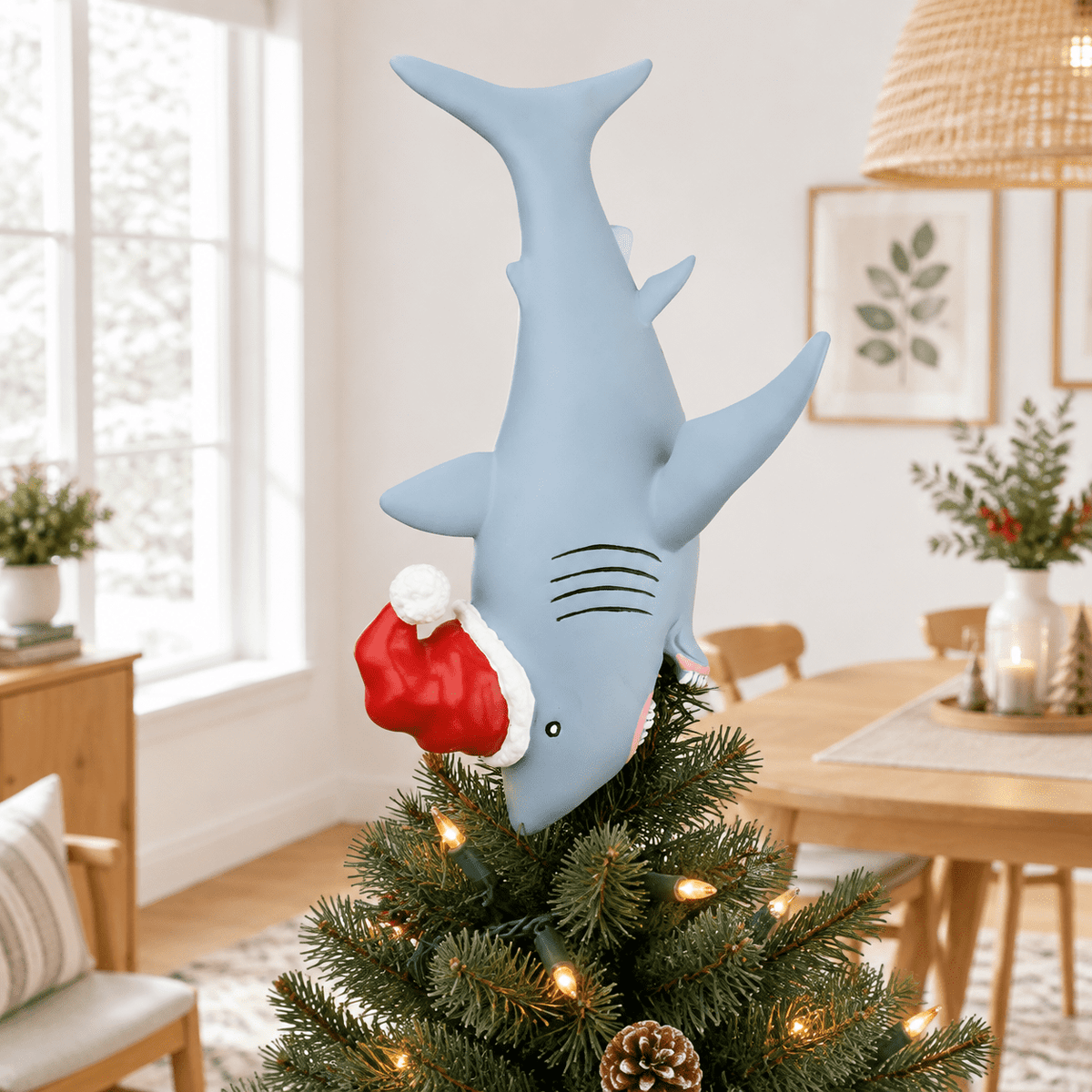 Great White Shark Santa Hat Christmas Tree Topper, 10 Inch Large Holiday Decor