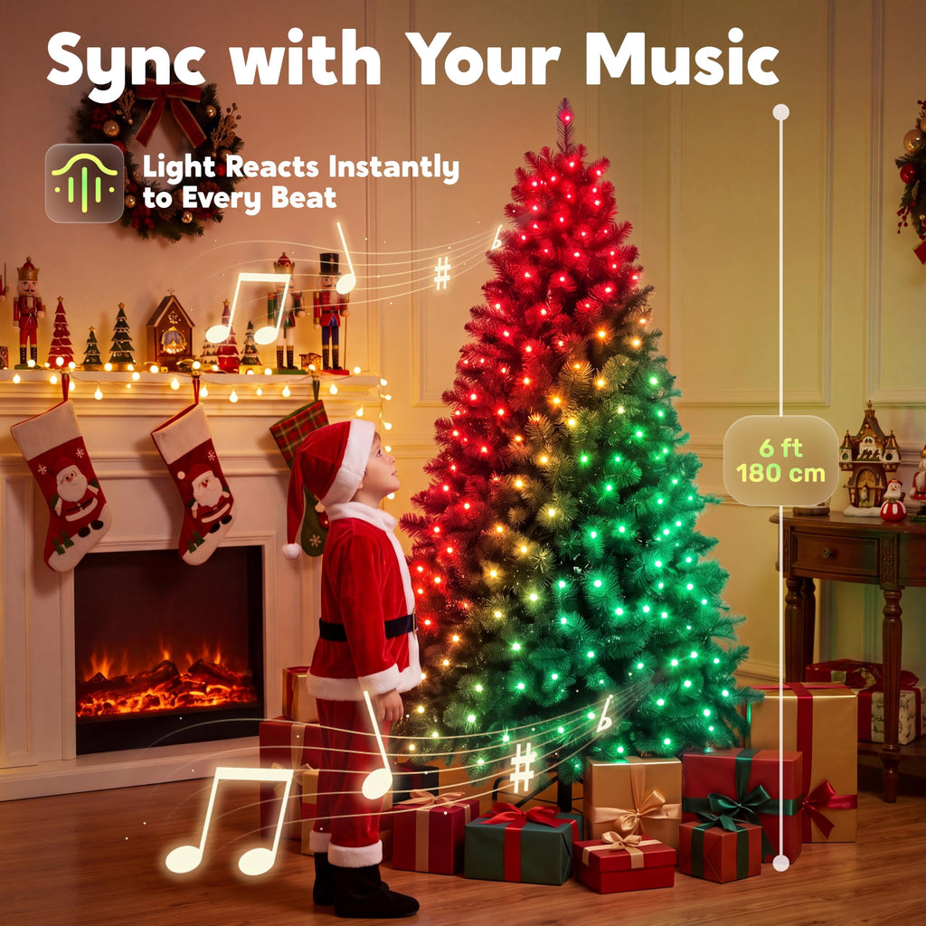 Joyfy 6 FT Prelit Slim Christmas Tree with 250 RGB Lights,App & Remote Control,Hinged Branches,Gloves & Metal Base Included,Easy Setup,Realistic Artificial Pencil Tree for Xmas Indoor Holiday Decor