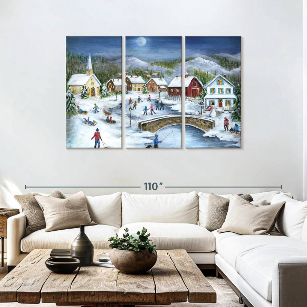 Elephant Stock Moonlit Skaters Wall Art - Horizontal Multi Panel Canvas - Living Room Wall Decor - Holiday Multi Panel - Blue And White Decor By Marilyn Dunlap - 74" x 48"