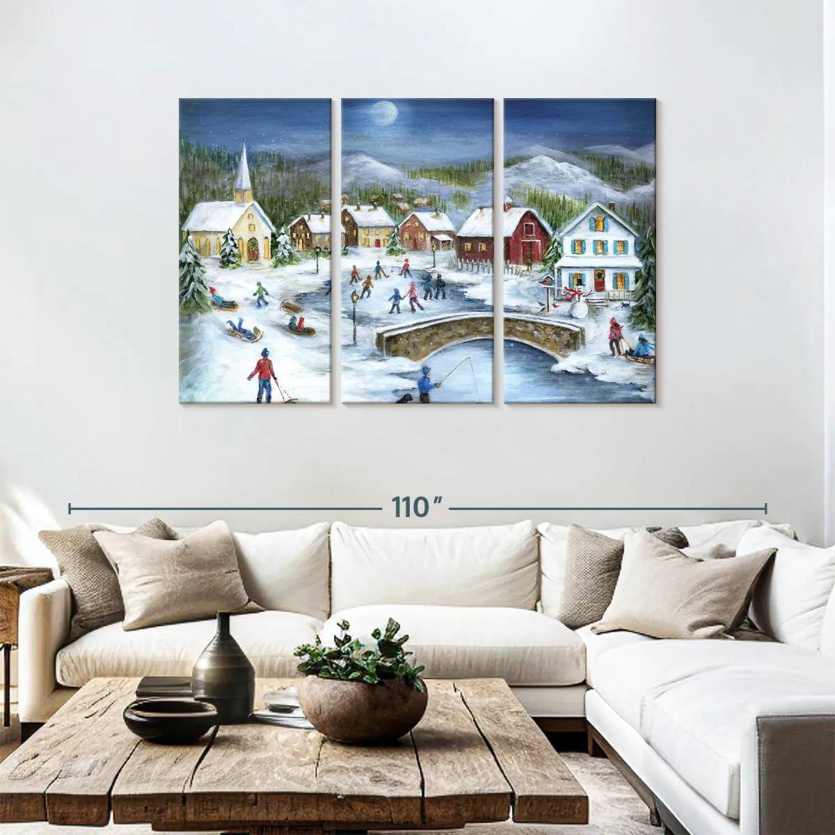 Elephant Stock Moonlit Skaters Wall Art - Horizontal Multi Panel Canvas - Living Room Wall Decor - Holiday Multi Panel - Blue And White Decor By Marilyn Dunlap - 74" x 48"