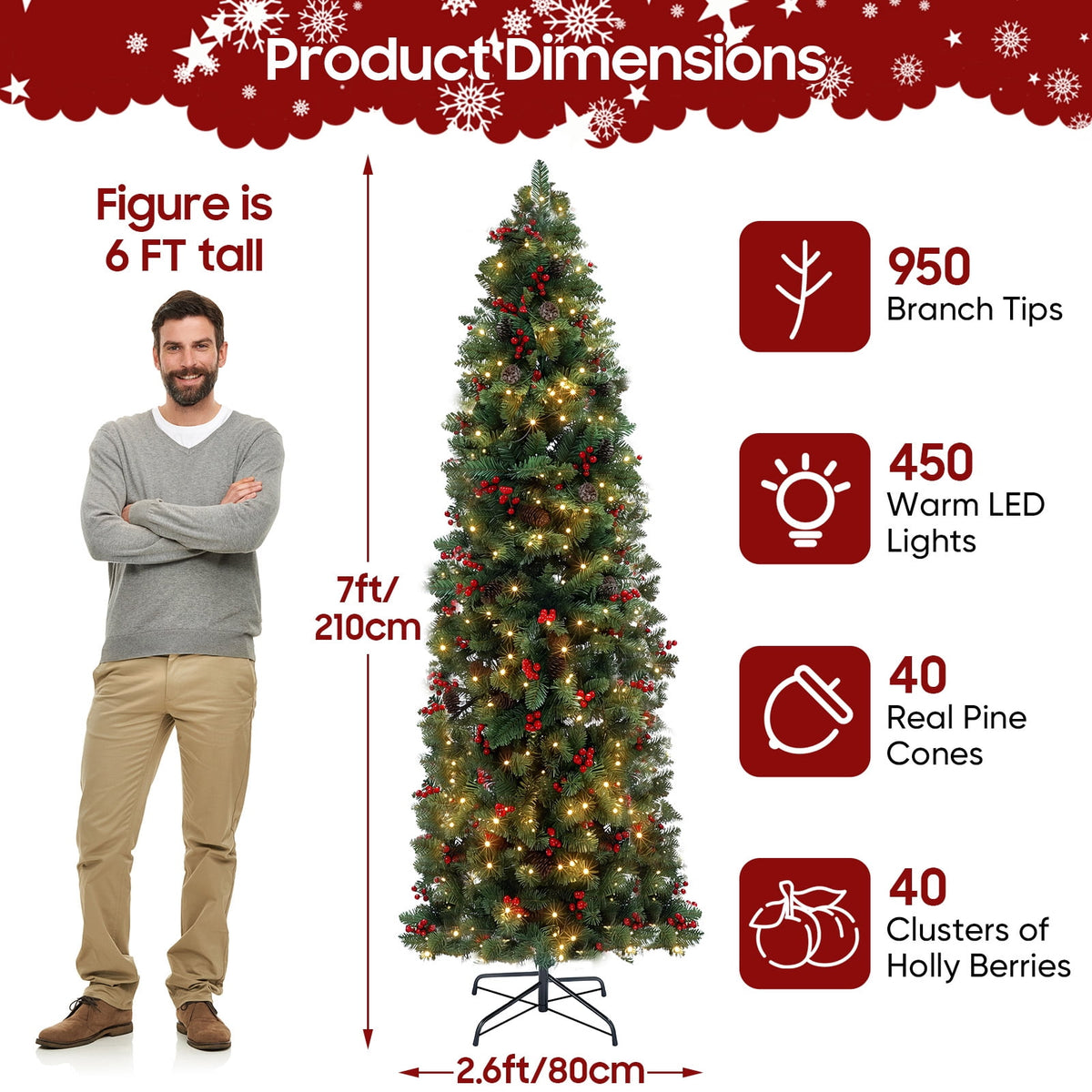 7ft Pre-Lit Spruce Pencil Christmas Tree with 450 Lights, 920 Full Branch Tips, Slim Artificial Xmas Tree Pine Cone & Red Berries, Includes Metal Base, Ideal Xmas Decor for Home and Office, Green