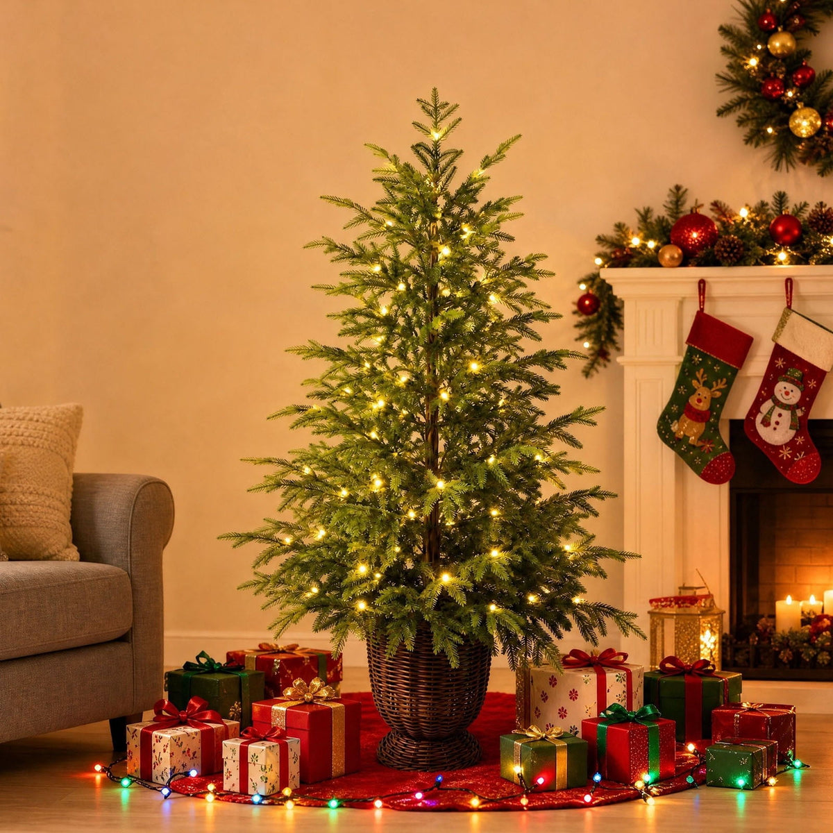 2.95 FT Premium Artificial Christmas Trees, Arbol de Navidad con luces Integradas, Artificial Christmas Tree Dense Needles, Pre-lit Christmas Trees with Lights for Holiday, Party(B)