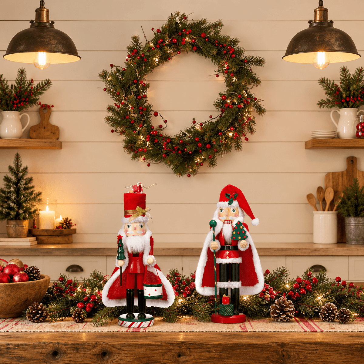 14 Inch Wooden Santa Nutcracker Figures, Set of 2, Red Green White Christmas Decor
