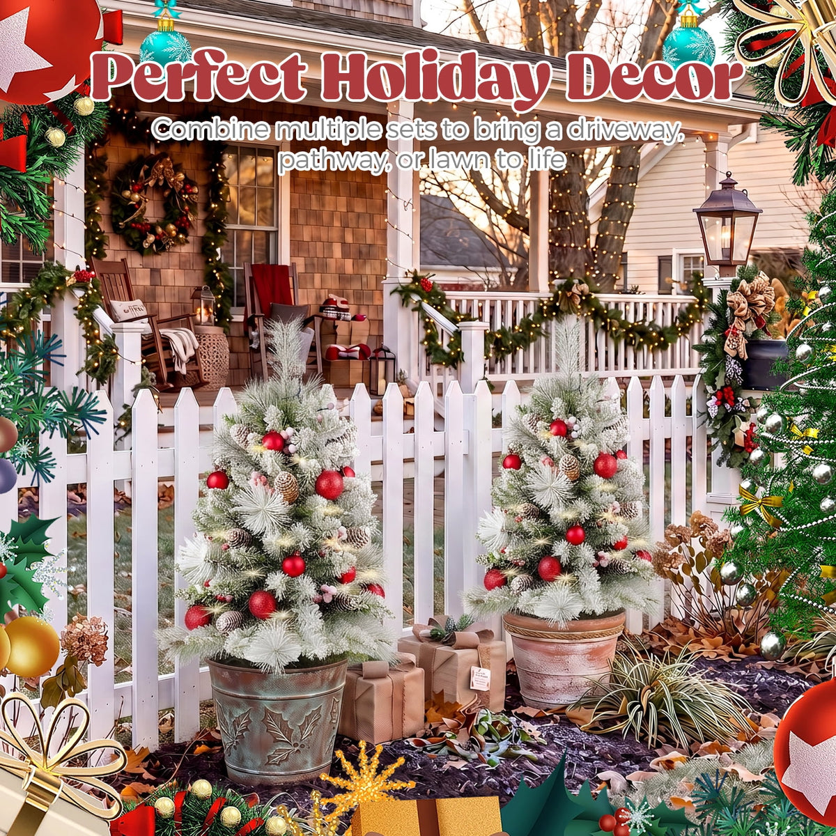2 Pack 30 inch Prelit Outdoor Christmas Tree, Small Pre-Decorated Green Xmas Tree with Cones & Red Berries, 30 Warm Lights, Urn Filler Holiday Decor for Entrance Driveway, Yard, Garden