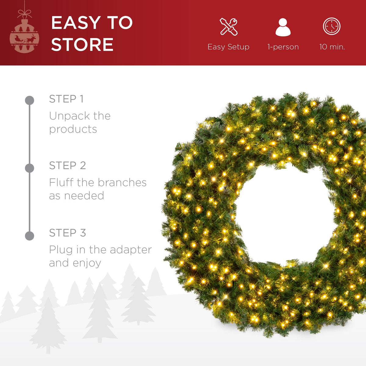 Best Choice Products 48in Artificial Pre-Lit Fir Christmas Wreath Decoration w/ 250 LED Lights, 714 Tips, Power Plug-In