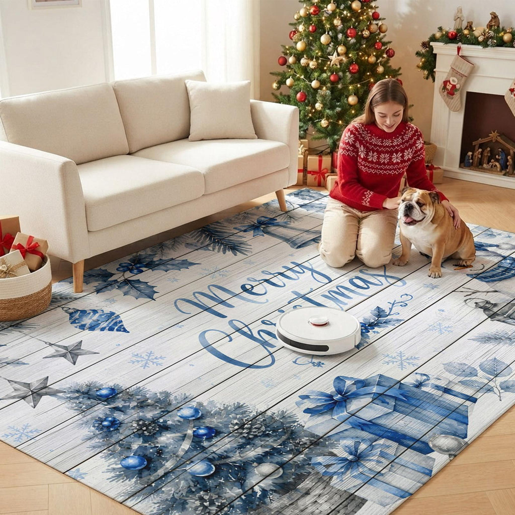 Large Area Rugs for Living Room Bedroom, Blue Merry Christmas 8'x10' Rug Washable Carpet Runner Indoor Outdoor, Xmas Tree Snowman Eucalyptus Wood Non Slip Floor Mats Rug for Kitchen, Patio