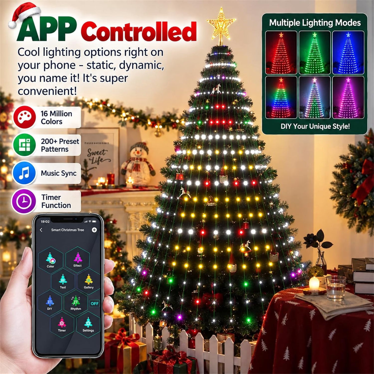 Smart Christmas Tree Lights with App Control,DIY Animation Effects,IP65 Waterproof for Indoor Xmas Tree Decor