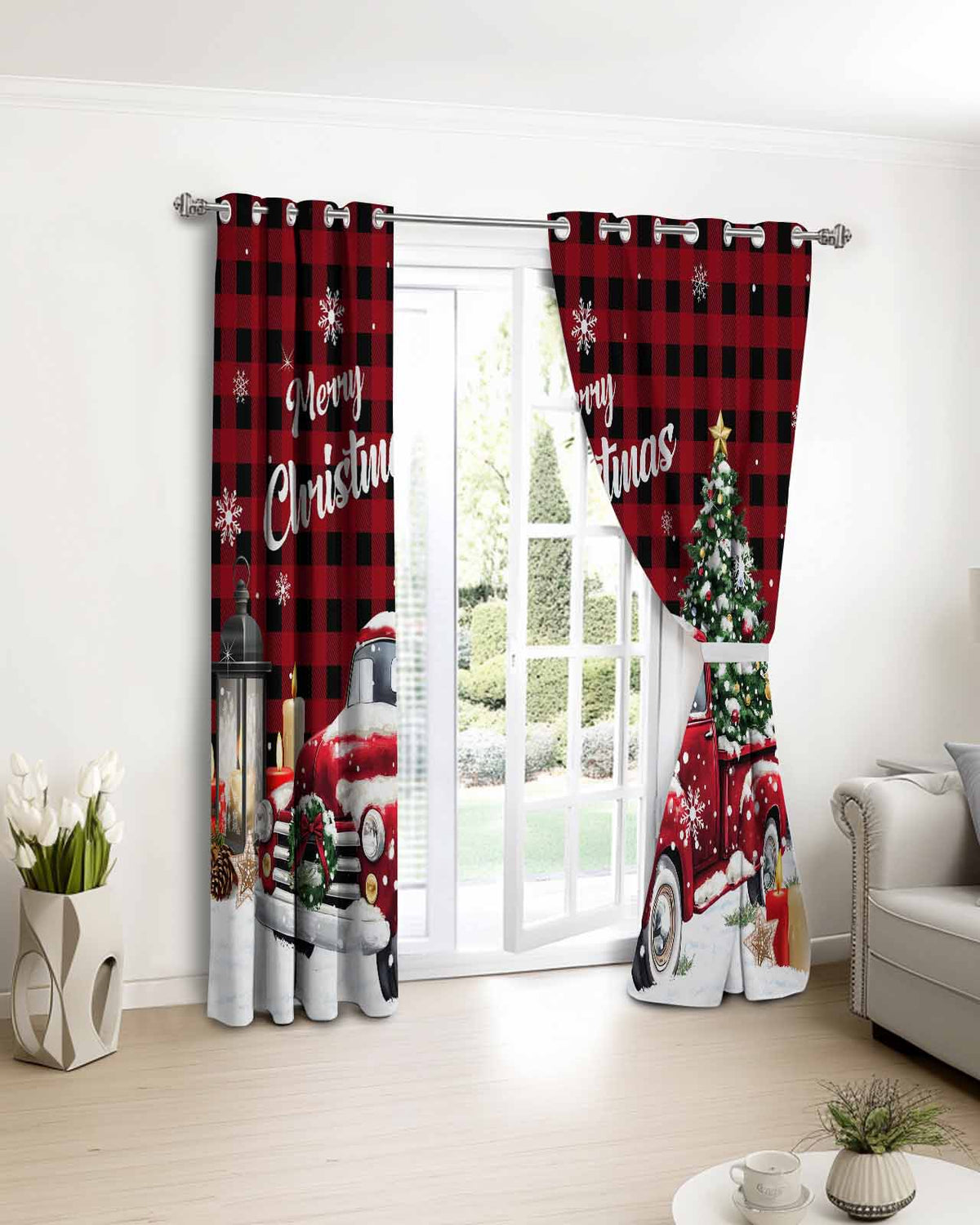 Red Truck Christmas Blackout Curtains 63 Inches Long for Bedroom,Xmas Tree Snowflake Gifts Winter Wooden Thermal Insulated Room Darkening Black Out Window Curtain Panels Grommet Living Room Drapes