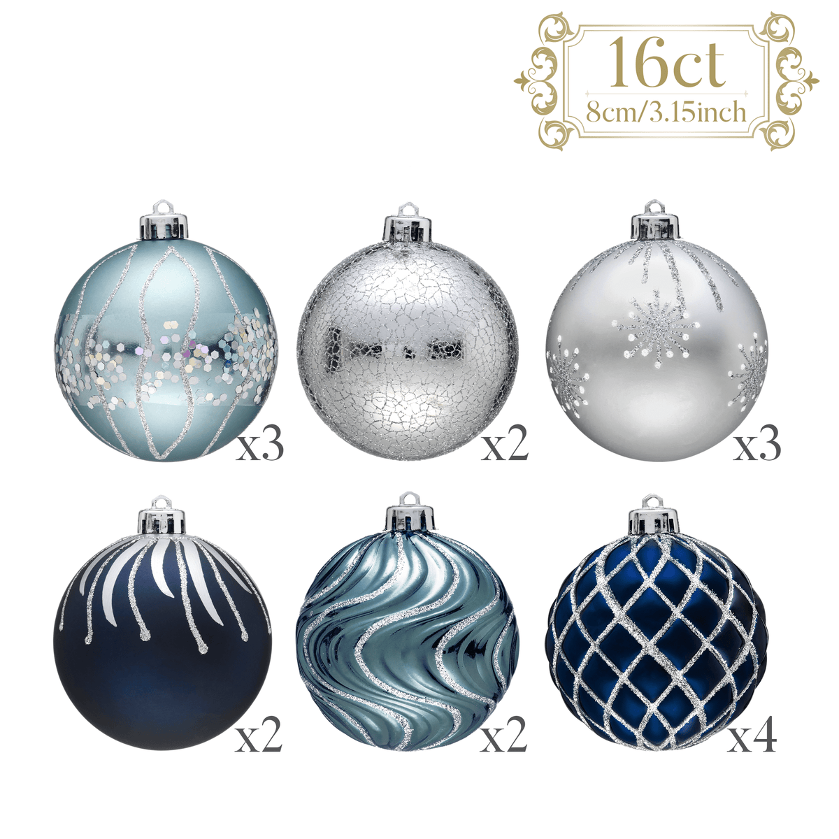 Valery Madelyn 16ct 3.15" Christmas Ball Ornaments, Blue Silver Shatterproof Ornaments for Holiday Party