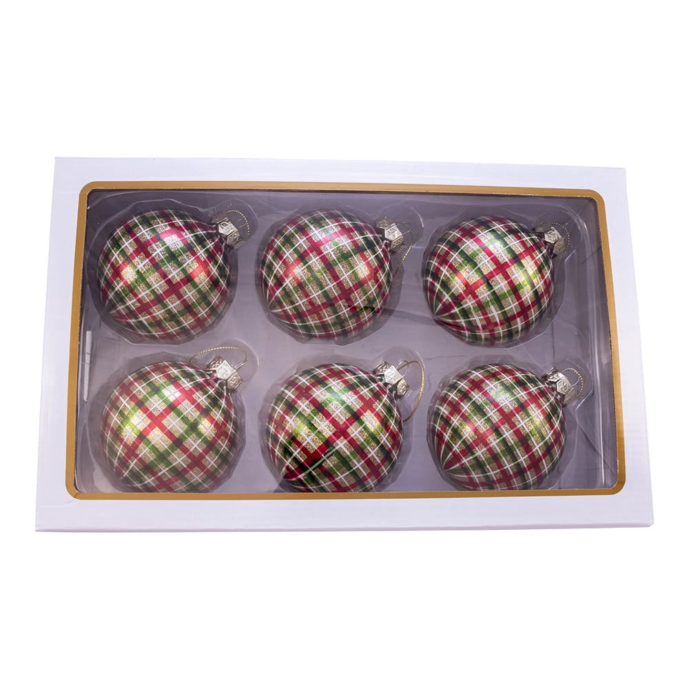KSA 6ct Red and Green Plaid Glass Christmas Ball Ornaments 3" (80mm)