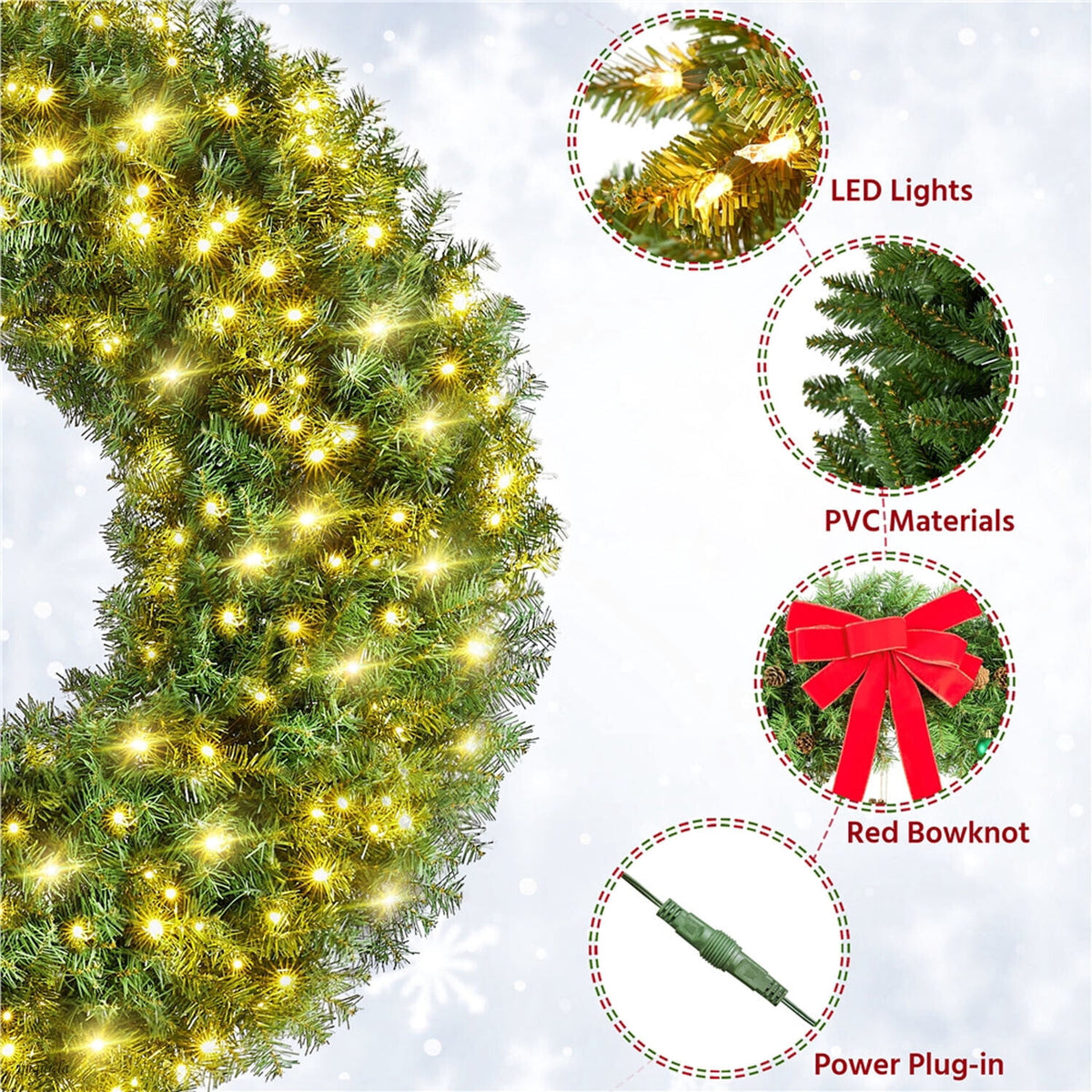 Alden Design 48in Pre-lit Fir Christmas Wreath for Door with 200 LED Lights & 720 Tips, Green