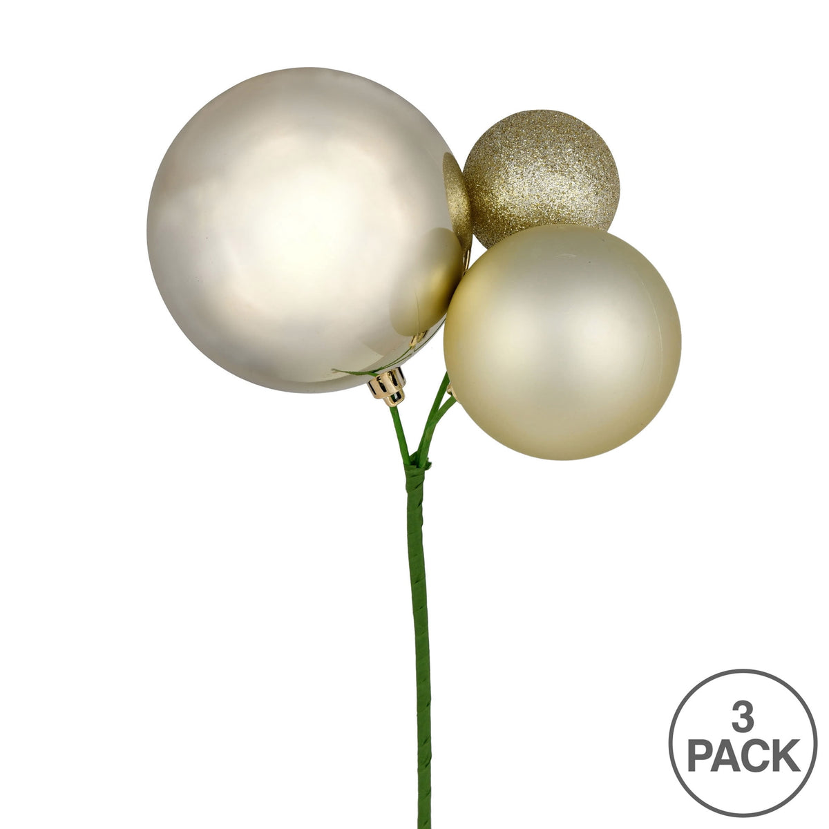 Vickerman 18" Honey Gold Orn Pick 3 per Bag. Features shiny, matte and glitter ornaments.