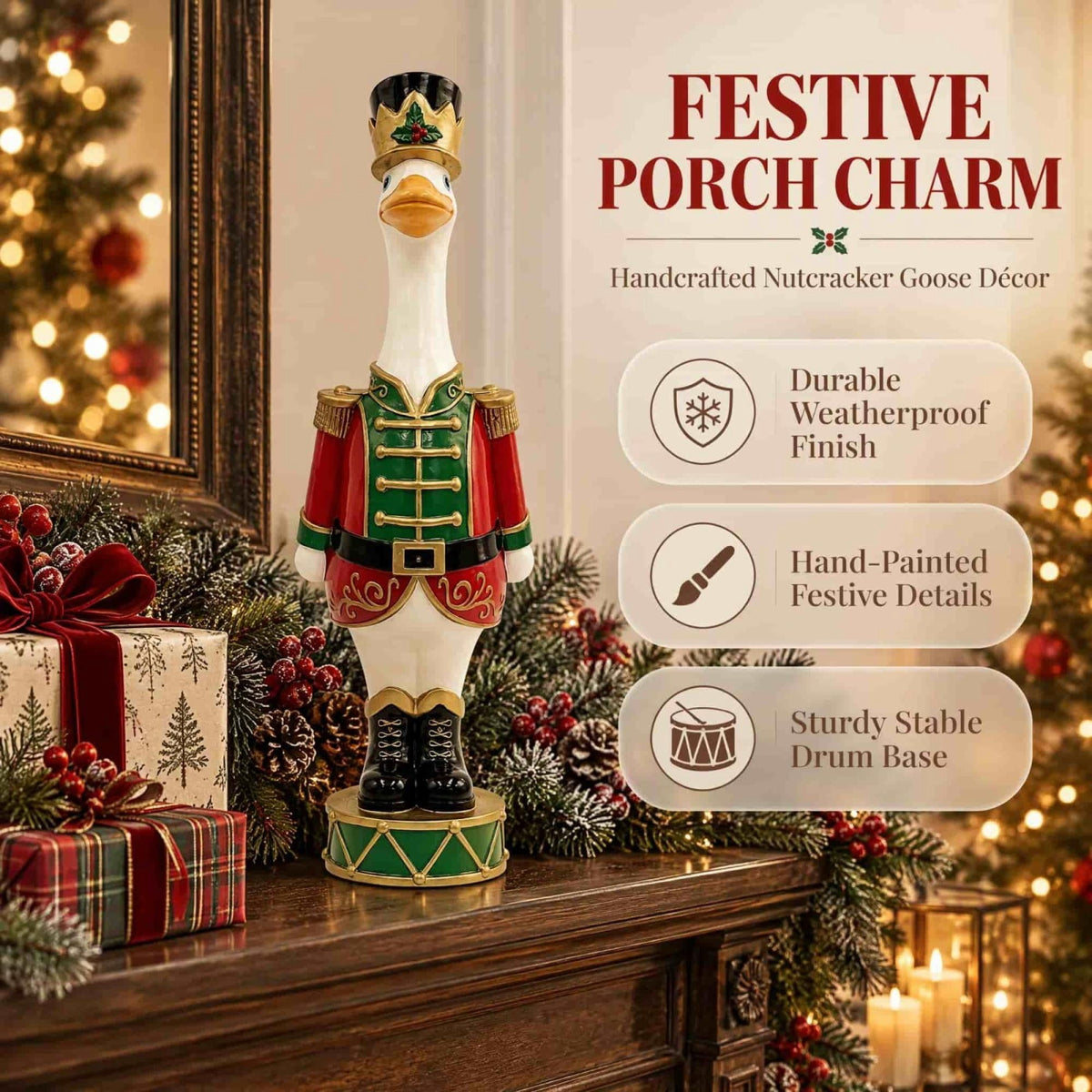 15.7 Inch Resin Nutcracker with Velvet Bow, Christmas Farmhouse Decor, Large Rattan Imitation Soldier Figurine for Floor Mantel Table Home,Rustic Winter Holiday Outdoor Decor,2PCS