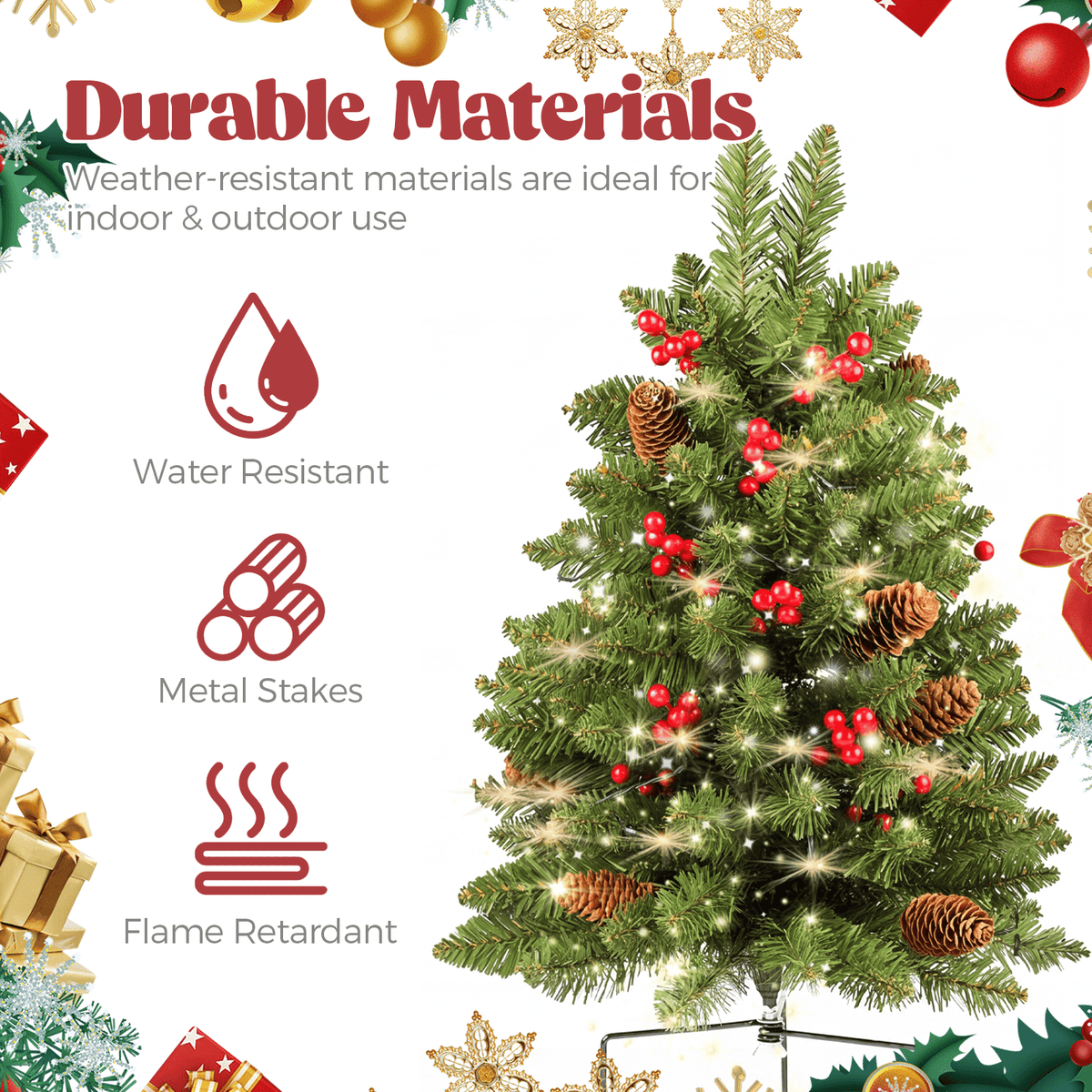 2 Pack 30 inch Prelit Outdoor Christmas Tree, Small Pre-Decorated Green Xmas Tree with Cones & Red Berries, 30 Warm Lights, Urn Filler Holiday Decor for Entrance Driveway, Yard, Garden