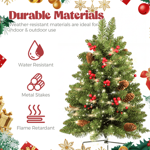 2 Pack 30 inch Prelit Outdoor Christmas Tree, Small Pre-Decorated Green Xmas Tree with Cones & Red Berries, 30 Warm Lights, Urn Filler Holiday Decor for Entrance Driveway, Yard, Garden
