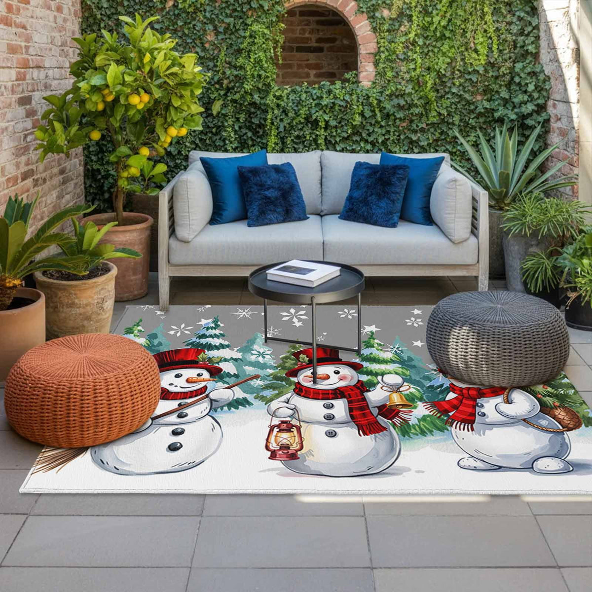 Grey White Snowman Christmas Outdoor Rug for Patio/Deck/Porch, Non-Slip Large Area Rug 5 x 8 Ft, Xmas Tree Snowflake Winter Indoor Outdoor Rugs Washable Area Rugs, Camping Rug Carpet Runner