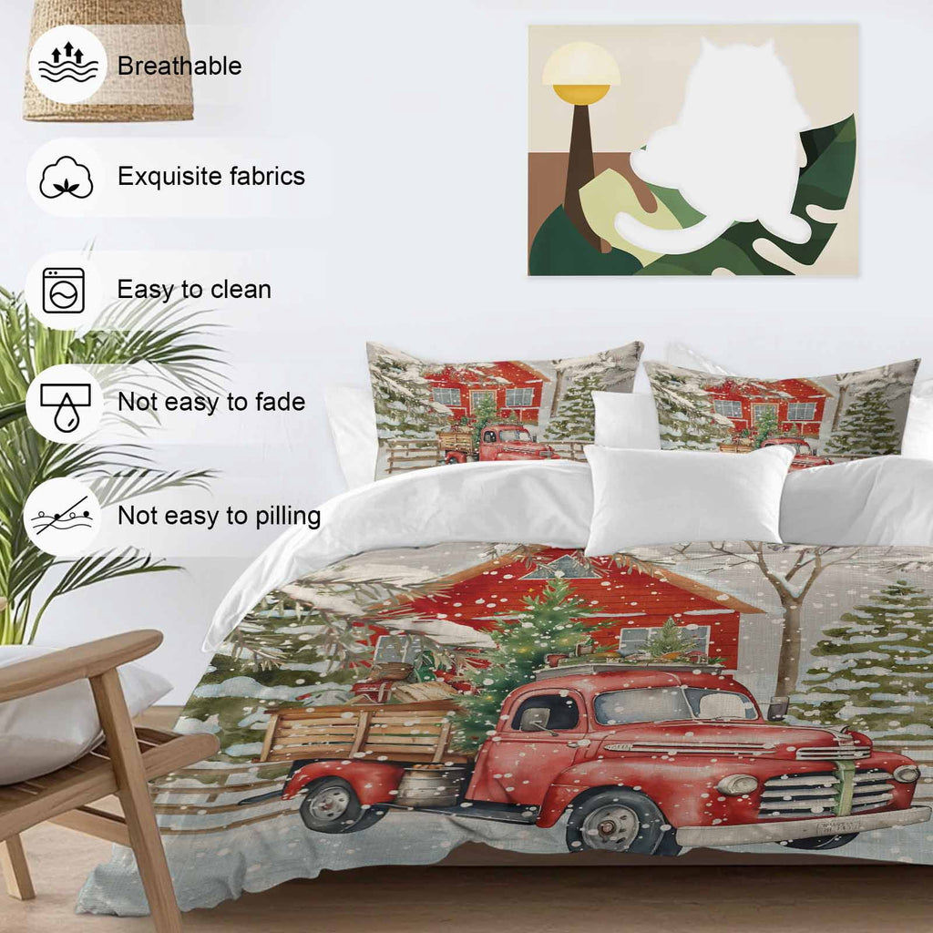 Merry Christmas Bedding Duvet Cover Set Full Size 4 Pieces Xmas Tree Red Truck Barn Snowflake Gray Bedding Set with Zipper Closure, 1 Comforter Cover 86x90 Inches 1 Flat Sheet & 2 Pillow Cases