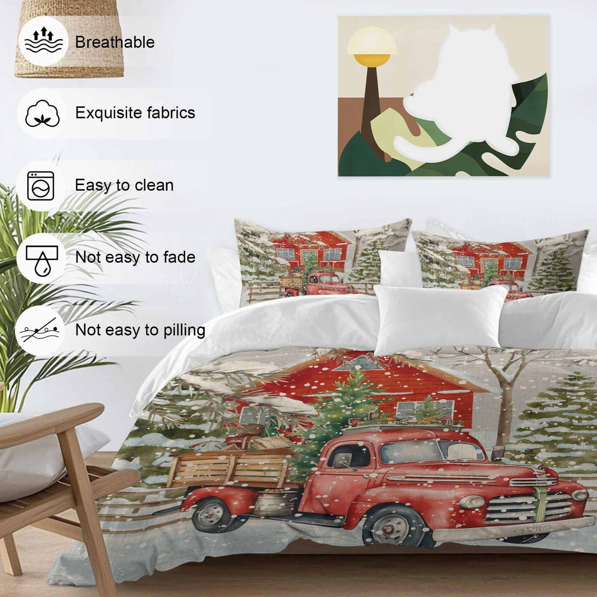 Merry Christmas Bedding Duvet Cover Set Full Size 4 Pieces Xmas Tree Red Truck Barn Snowflake Gray Bedding Set with Zipper Closure, 1 Comforter Cover 86x90 Inches 1 Flat Sheet & 2 Pillow Cases