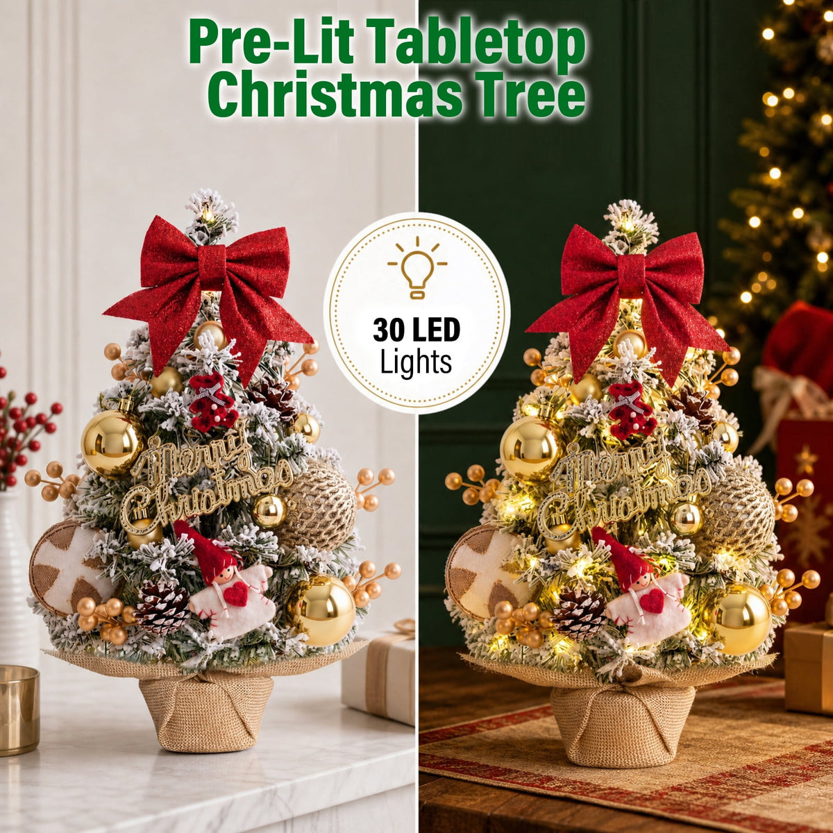 22" Mini Christmas Tree with 30 LEDs, Red Berries & Pinecones, DIY Kit, Battery Powered Tabletop Tree Christmas Decorations Gifts for Dorms, Offices, Home, Classrooms Desks & Small Spaces