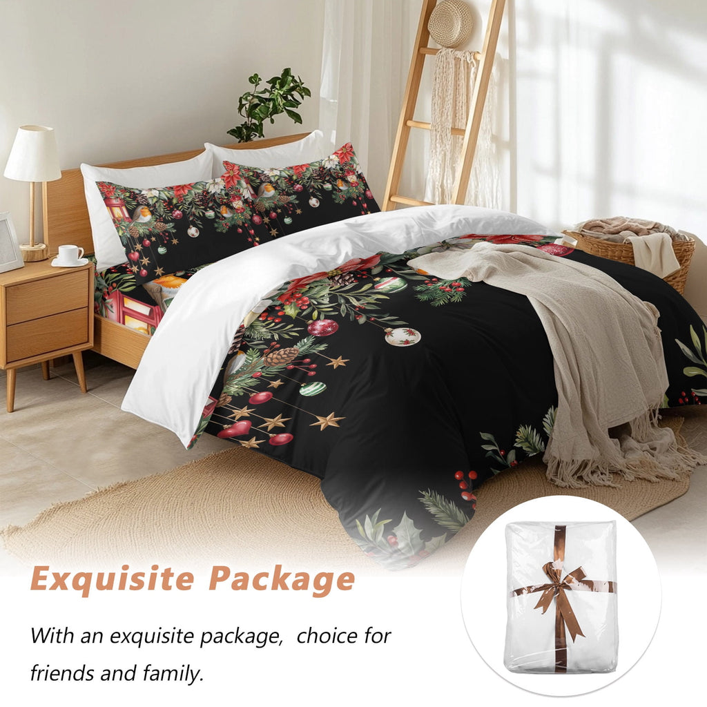 Black Christmas Bedding Duvet Cover Set Full Size 4 Pieces Xmas Poinsettia Balls Botanical Birds Bedding Set with Zipper Closure, 1 Comforter Cover 86x90 Inches 1 Flat Sheet & 2 Pillow Cases