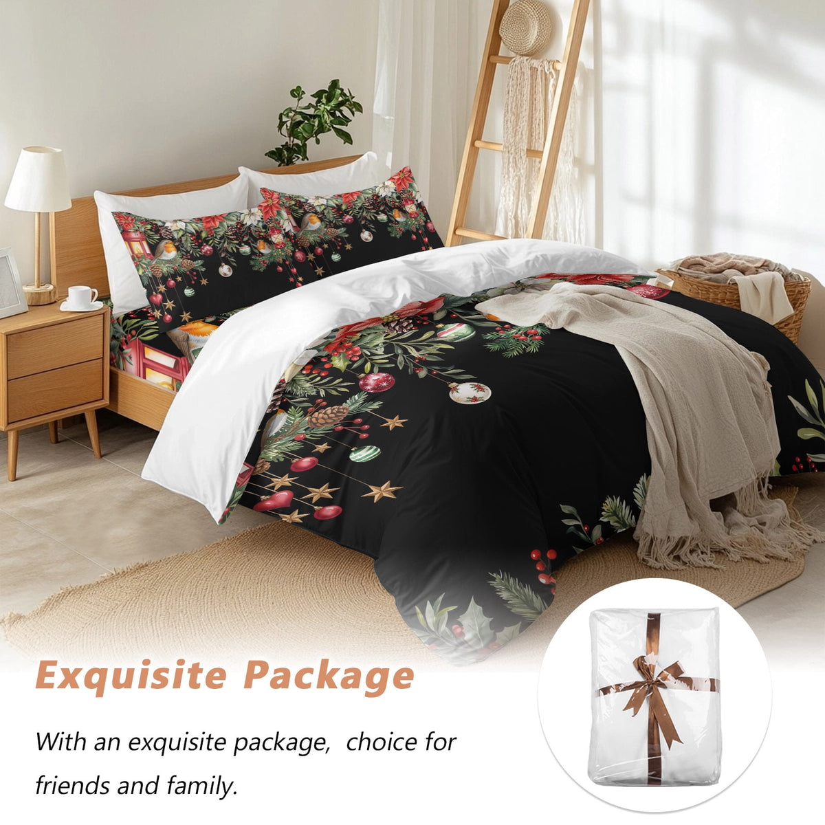 Black Christmas Bedding Duvet Cover Set Full Size 4 Pieces Xmas Poinsettia Balls Botanical Birds Bedding Set with Zipper Closure, 1 Comforter Cover 86x90 Inches 1 Flat Sheet & 2 Pillow Cases