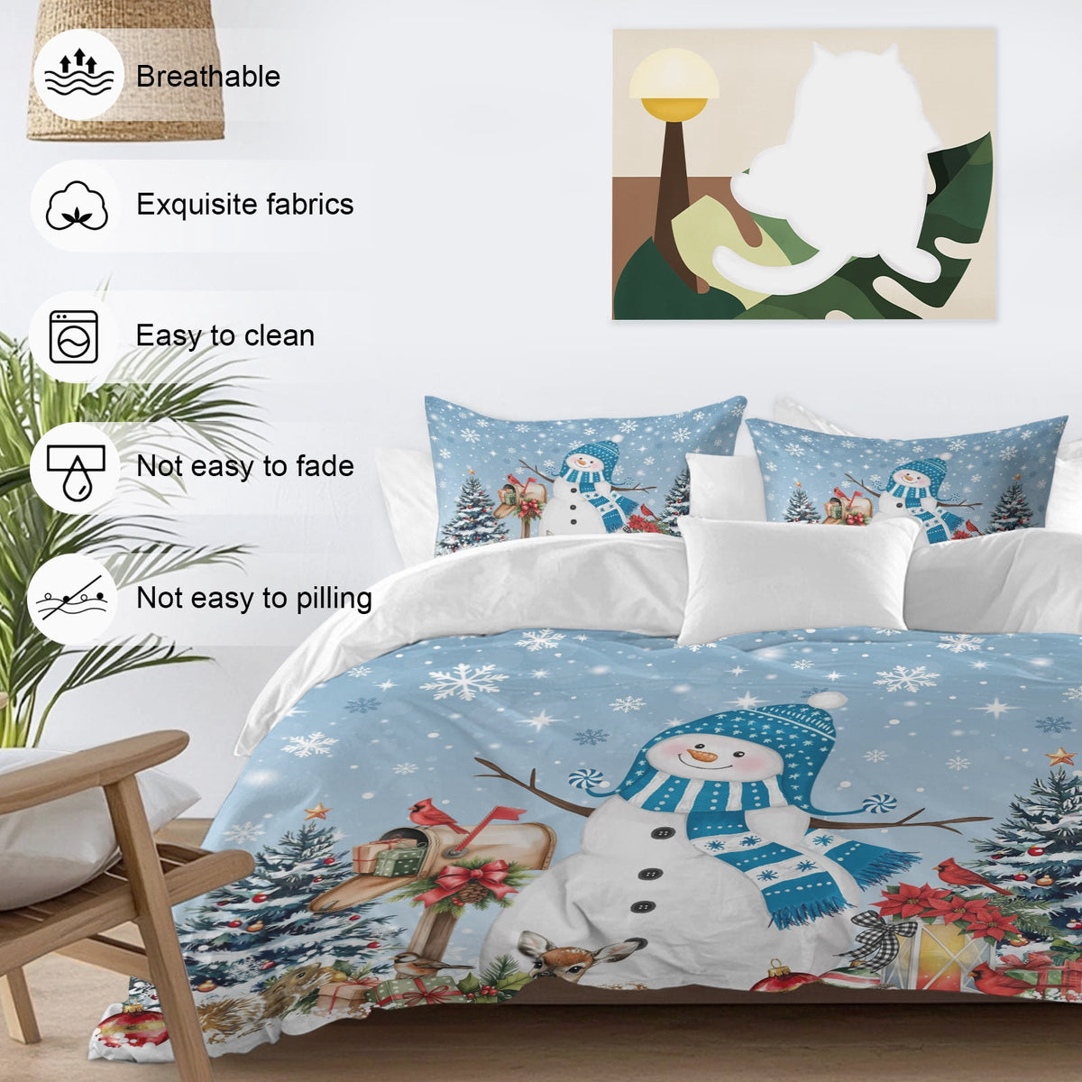 Blue Christmas Snowman Bedding Duvet Cover Set Twin Size 4 Pieces Xmas Tree Elk Balls Snowflake Bedding Set with Zipper Closure, 1 Comforter Cover 68x90 Inches 1 Flat Sheet & 2 Pillow Cases