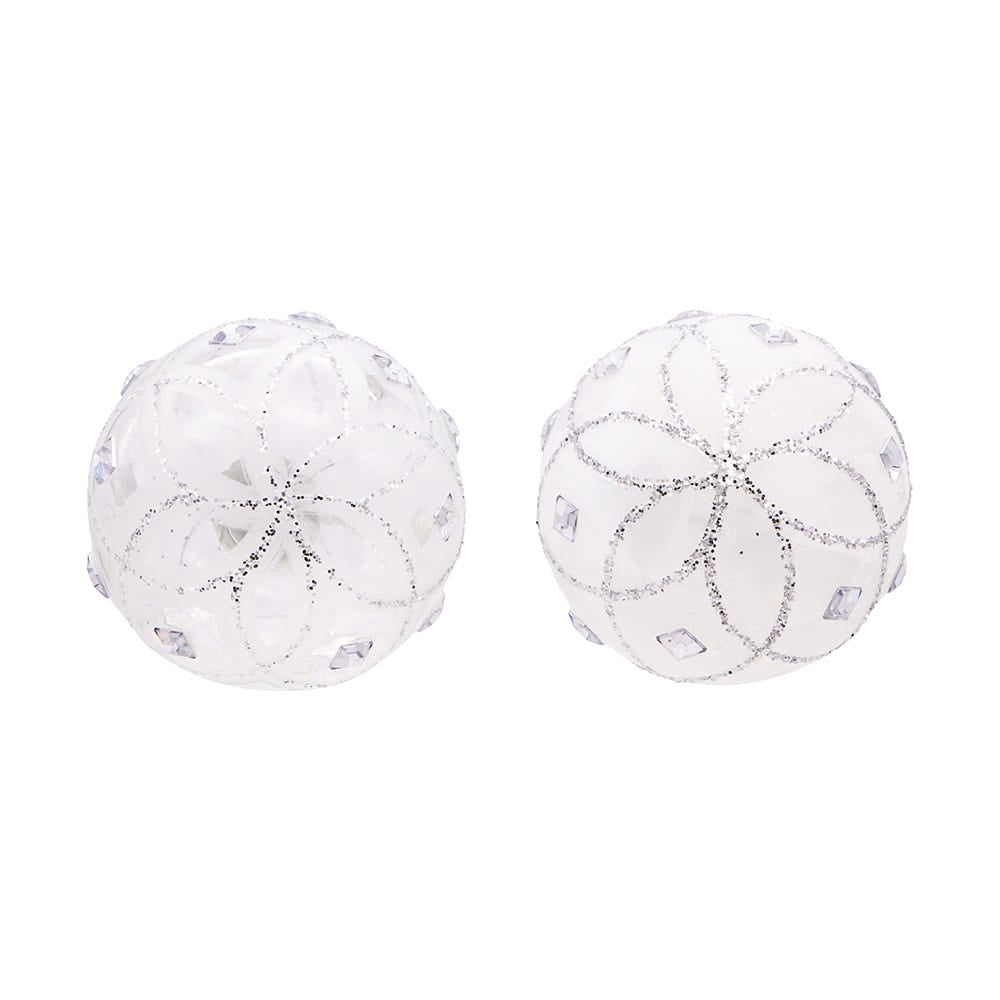 Kurt Adler 80MM Jeweled Clear Feather White Ball Ornaments, 6 Piece Set
