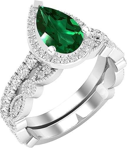 Divine Creation 14K White Gold Plated 2.50 Ct Pear Cut Green Emerald Christmas Thanksgiving Wedding Bridal Ring Set 925 Sterling Silver For Women's -10