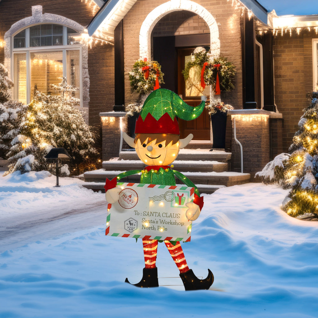 VEIKOUS 4.8ft Christmas Elf Decoration W/ 100 Warm White LED Lights, Envelope & Ground Stakes, Waterproof Pre-Lit Yard Decor for Holiday
