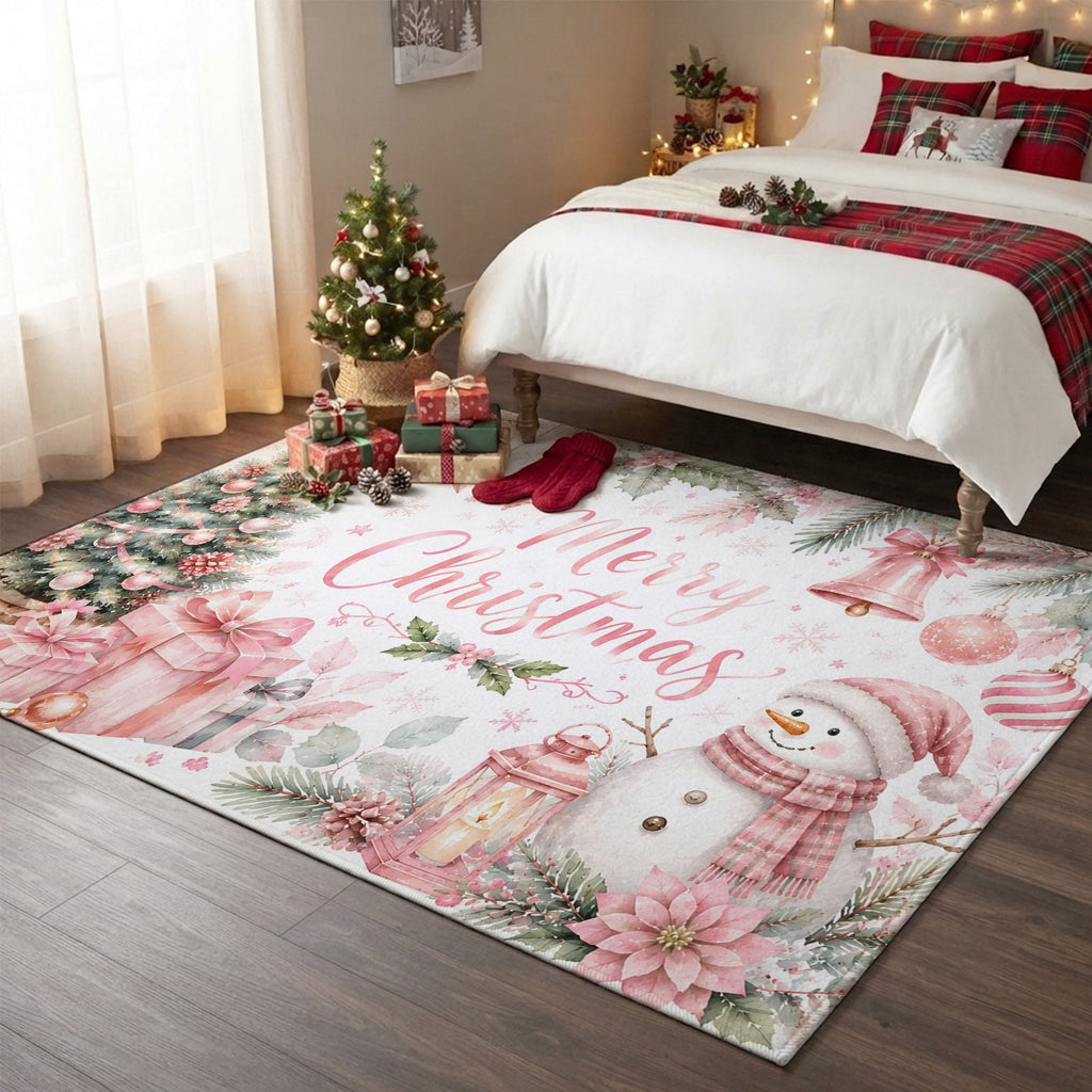 Large Area Rugs for Living Room Bedroom, Blue Merry Christmas 8'x10' Rug Washable Carpet Runner Indoor Outdoor, Xmas Tree Snowman Eucalyptus Wood Non Slip Floor Mats Rug for Kitchen, Patio