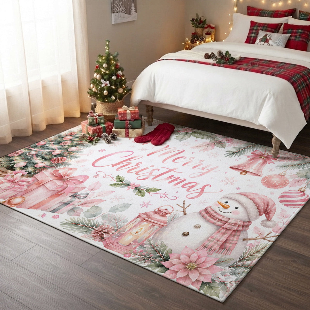 Large Area Rugs for Living Room Bedroom, Blue Merry Christmas 8'x10' Rug Washable Carpet Runner Indoor Outdoor, Xmas Tree Snowman Eucalyptus Wood Non Slip Floor Mats Rug for Kitchen, Patio