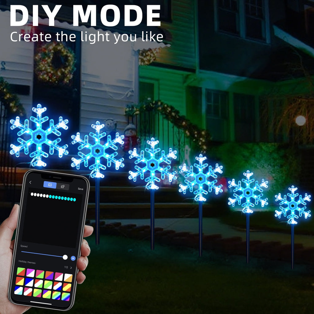 6 Pcs Snowflake Pathway Smart Lights Outdoor RGB Christmas Lights with App & Remote Control Music Sync 105 Scene Modes Extendable Garden Decorative Fairy Lights for Holiday Party Yard