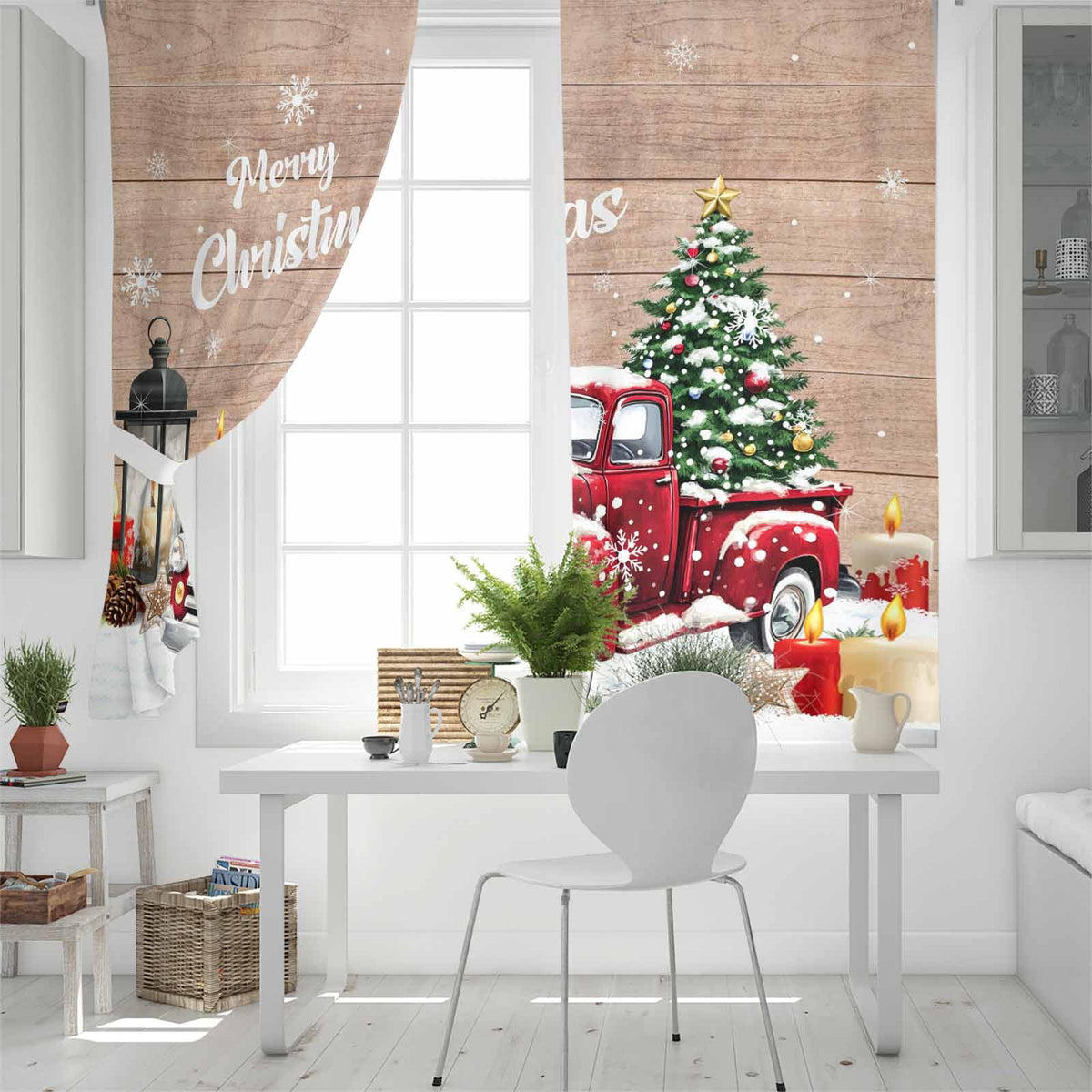 Red Truck Christmas Blackout Curtains 63 Inches Long for Bedroom,Xmas Tree Snowflake Gifts Winter Wooden Thermal Insulated Room Darkening Black Out Window Curtain Panels Grommet Living Room Drapes