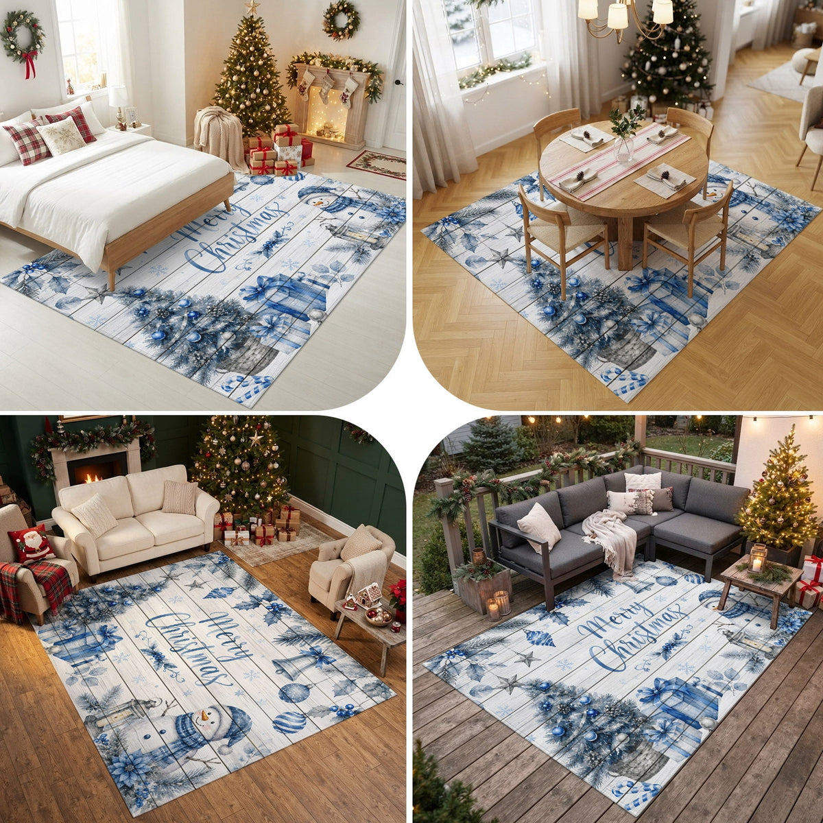 Large Area Rugs for Living Room Bedroom, Blue Merry Christmas 8'x10' Rug Washable Carpet Runner Indoor Outdoor, Xmas Tree Snowman Eucalyptus Wood Non Slip Floor Mats Rug for Kitchen, Patio