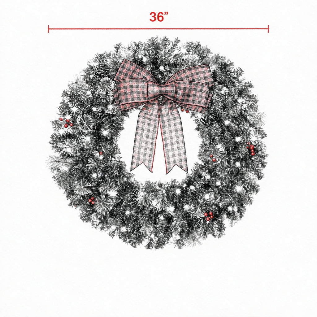 Pre-Lit Christmas Wreath with 100 Warm White LED Lights, 8 Lighting Modes, Berries, Pinecones, and Buffalo Plaid Bow, 36 in