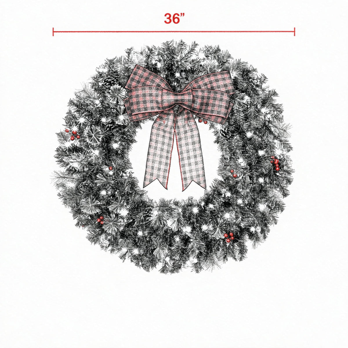 Pre-Lit Christmas Wreath with 100 Warm White LED Lights, 8 Lighting Modes, Berries, Pinecones, and Buffalo Plaid Bow, 36 in