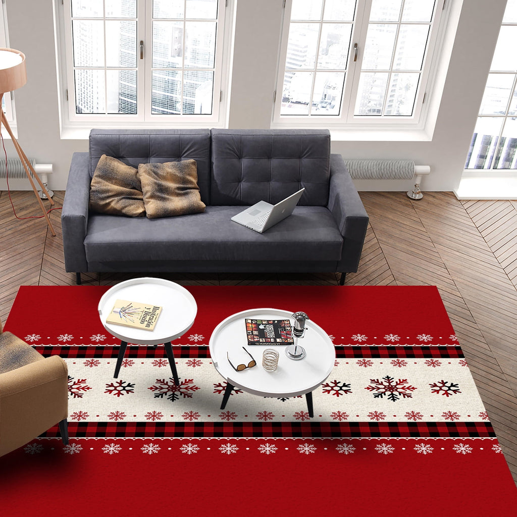 Christmas Snowflake Area Rug 5x7ft Red and Black Buffalo Plaid Non-Slip Washable Square Rugs Soft Felt Indoor Floor Mat for Bedroom Kitchen Living Room Bathroom